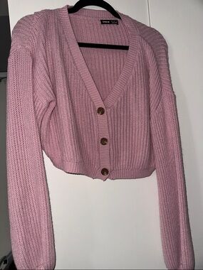SHEIN Dusty Pink Cropped Rib-Knit Button Cardigan